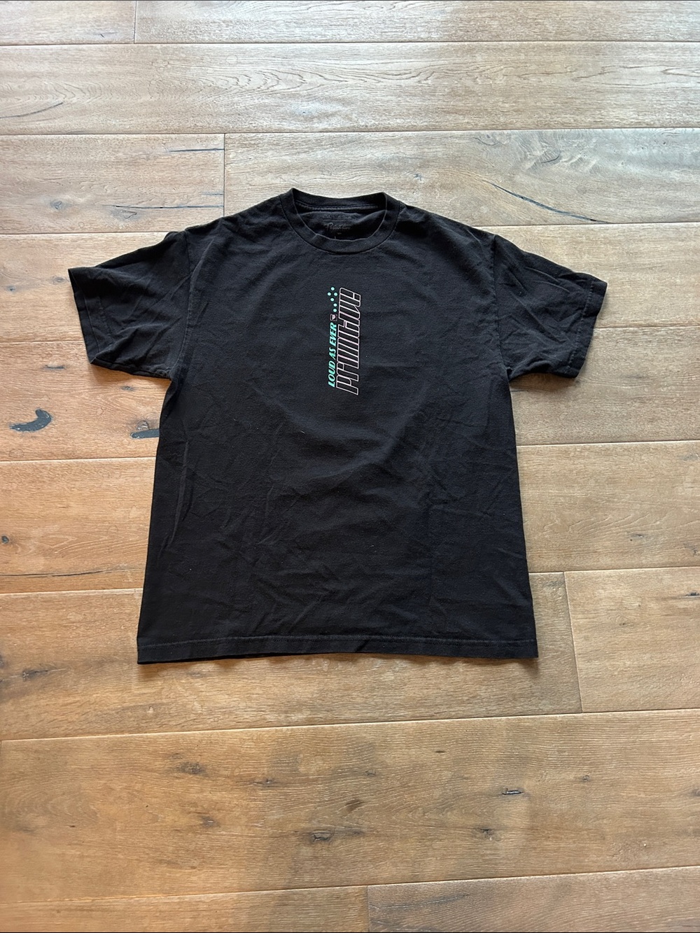 Men's Black Crewneck T-Shirt with Teal Vertical Graphic